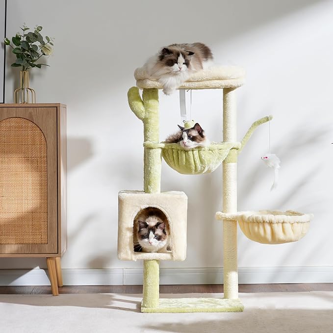 Heybly Cat Tree, 39.4 Inches Tower Condo with Scratching Post, Cat Tower for Indoor Cats, Fully Wrapped Sisal Pole, Soft Platform, 2 Baskets and Dangling Toy, Green and Beige HCT006SGM