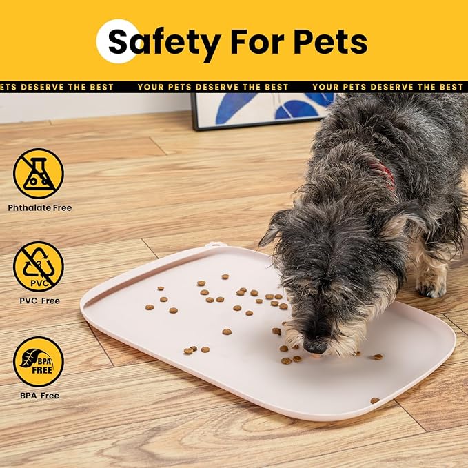 Silicone Dog Food Mat with Side Pocket & Hook Hole, Soft Raised Edges, Easy Clean Waterproof Non-Slip Pet Feeding Mat for Cats and Dogs Water Bowl, Pets Accessories(18"x12",Natural Tan)