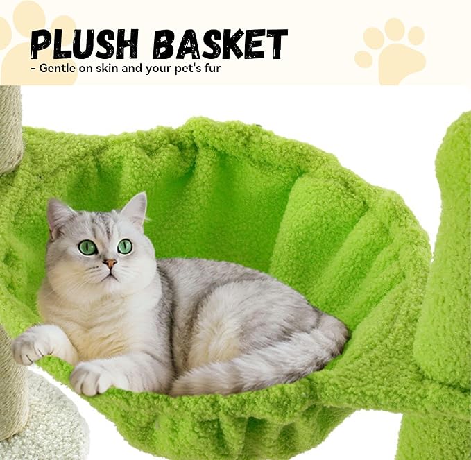 DWVO 68" Tall Cactus Cat Tree: Cats Tower with Sisal Scratching Posts, Kittens Hideout Pet House - Multi-Level Indoor Activity Center for Climbing Play, Green & Pink