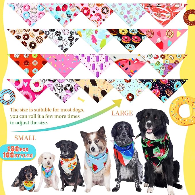 100 Pcs Donut Dog Bandanas Bulk Pet Bibs Colorful Triangle Scarf Donut Pet Bandanas for Medium Large Dogs Spring Summer Candy Theme Birthday Costume Decor