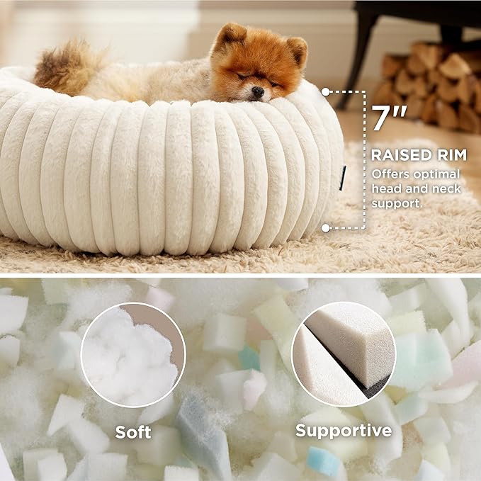 Bedsure ComfyFleece™ Donut Small Dog Bed - Dog Beds for Small Dogs with Corduroy Fleece & Anti Slip Bottom, Round Faux Fur Pet Beds with Washable Removable Cover, Cream, 23x23x7 inches