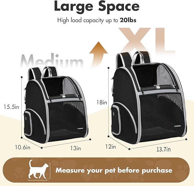Pet Backpack Carrier, Large Cat Carrier Backpack Up to 20 Lbs with Breathable Mesh, for Medium Large Cats or Small Dogs, Travel Hiking Camping Backpack (Black-XL)