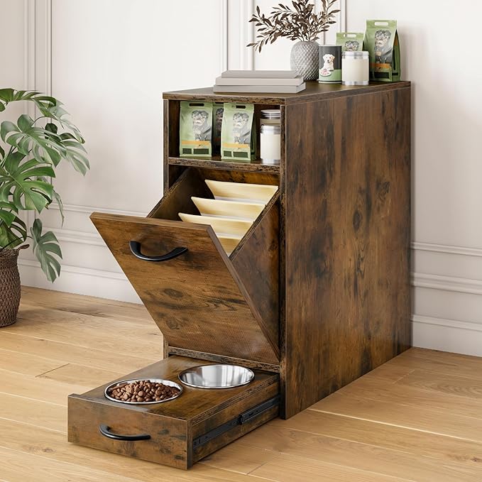 DWVO Dog Feeding Station with Storage, Dog Food Cabinet with 2 Feeder Bowls, Pull Out Elevated Dogs Bowl, Rustic Brown