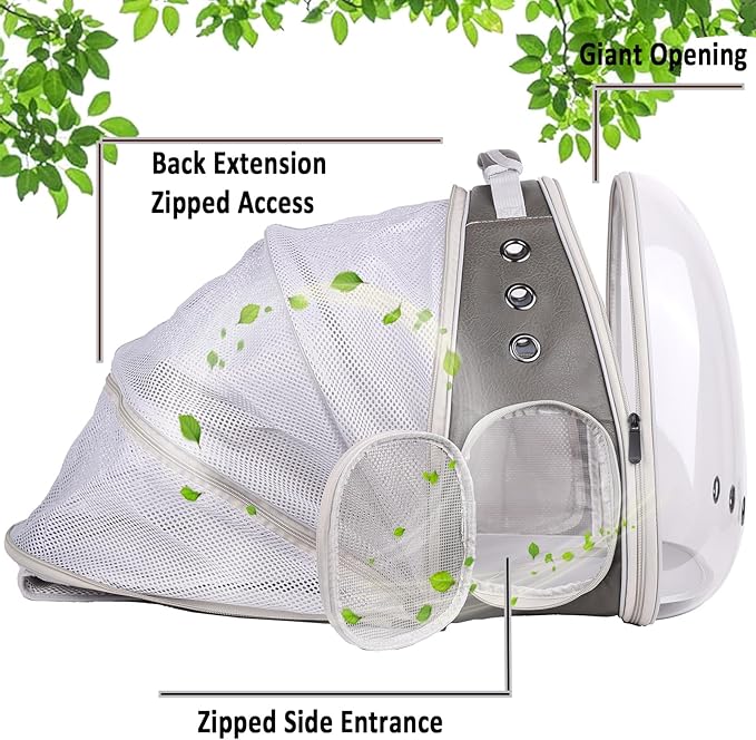 Expandable Carrier Backpack for Kitten Bunny and Small Puppy, Vented Transparent Space Capsule Astronaut Cat Bubble Window, PU Leather Grey Vet Carry Bag