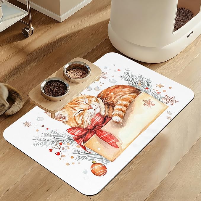Cat Dog Cat Food Mat–Christmas Stocking Absorbent Waterproof Placemat for Food and Water Bowls, Non Slip Rubber Backing, Feeding Mat for Clean Floors 16"x24"