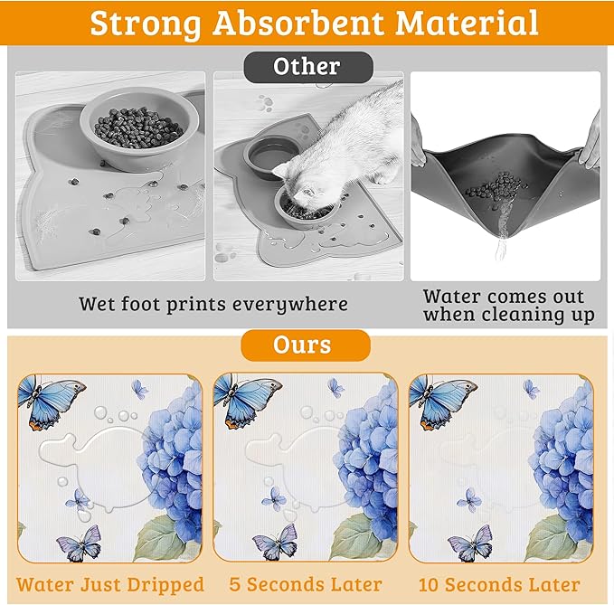 Pet Feeding Mat,Blue Hydrangea Absorbent Dog Cat Food Mat Butterfly Floral Dog Mat with Rubber Backing,Non-Slip Water Bowl Placemat,Pet Supplies 16" x 24"