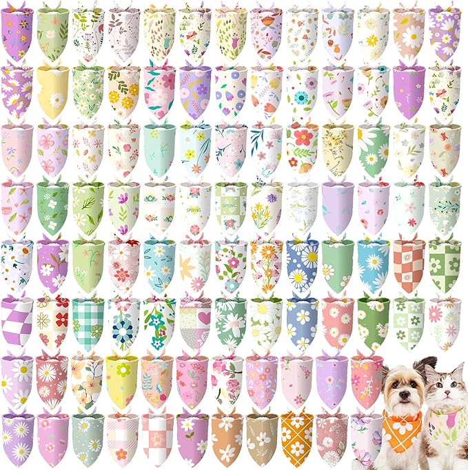 100 Pcs Spring Floral Dog Bandanas Bulk Pet Bibs Colorful Triangle Scarf Floral Pet Bandanas for Medium Large Dogs Spring Summer Birthday Costume Decoration
