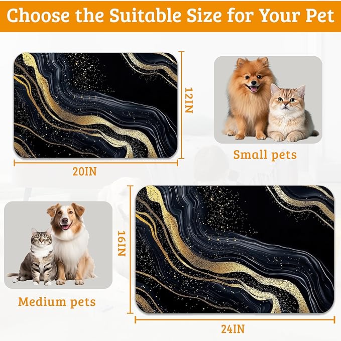 Dog Bowl Mat,Abstract Marbled Pet Feeding Mat for Floors Waterproof,Gold Black Absorbent Dogs Placemat for Food and Water Quick Dry Pet Cat Feeding Mats with Non Slip Bottom 12" x 20"