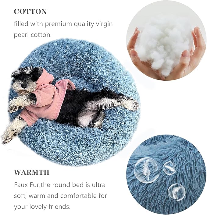 Calming Donut Dogs Beds for Small Dogs Washable,19inch Fluffy Round Puppy Bed for Puppies,Cats & Toy Breeds with Raised Rim,Fits up to 15 lbs Pets,Washed Blue