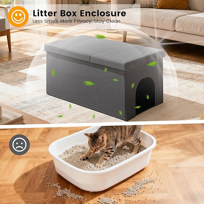 3-in-1 Cat Litter Box Enclosure with Odor Control, Multi-Functional Hidden Litter Box Furniture Bench, Dog Proof, Space-Saving Ottoman Cabinet with Flip-Up Lid, Storage Footrest, Dark Grey