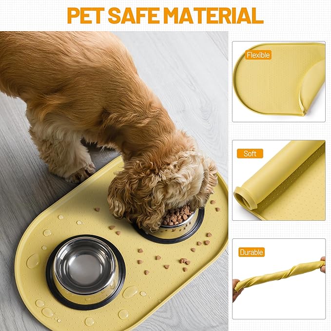 Hubulk 100% Waterproof Silicone Pet Feeding Mat with Raised Edge for Food and Water, Dog Bowl Mats, Cat Bowls Placemat with High Lip Protects Floor for Cats and Dogs (Yellow, 32" L x 24" W)
