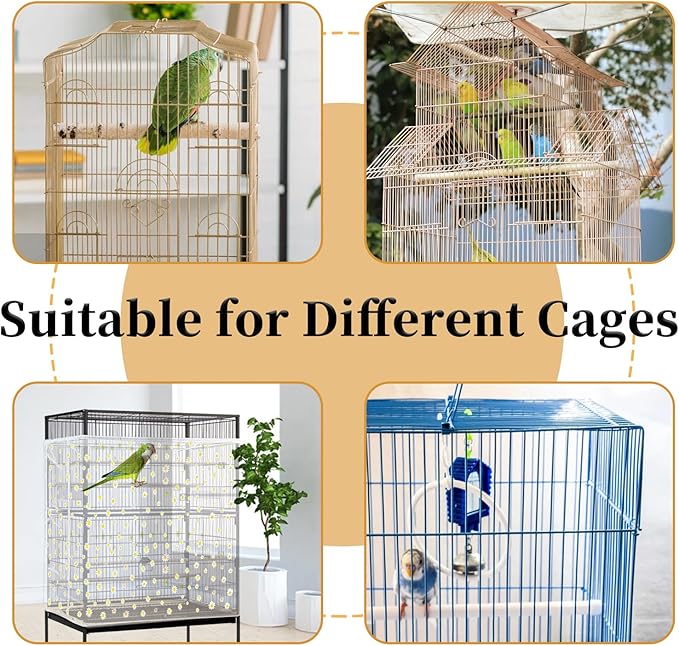 Daoeny Bird Cage Seed Catcher, Large Bird Cage Cover, Adjustable Soft Airy Nylon Mesh Net, Birdcage Cover Skirt Seed Guard for Parrot Parakeet Macaw African Round Square Cages (White, Daisy Design)