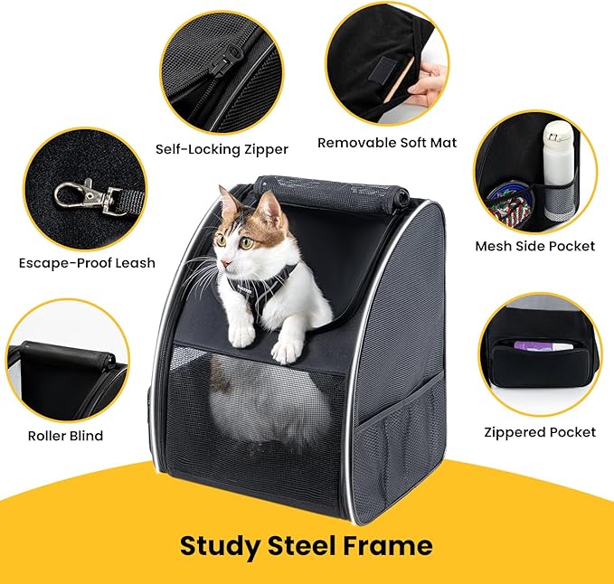 Cat Backpack Carrier for Small Dogs and Cats Fit Up to 15 Lbs,Small Dog Backpack, Foldable with 3-Side Mesh Windows, Pet Carrier for Travel & Hiking Friendly，Black