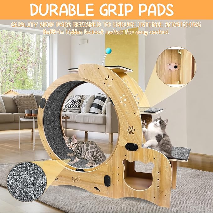 6-in-1 Cat Exercise Wheel - Quiet Wood Cat Treadmill with Cat House, Tree & Feeding Bowls - Sturdy Indoor Cat Activity Center for Running & Play - Large Cat Furniture with Scratching Pad