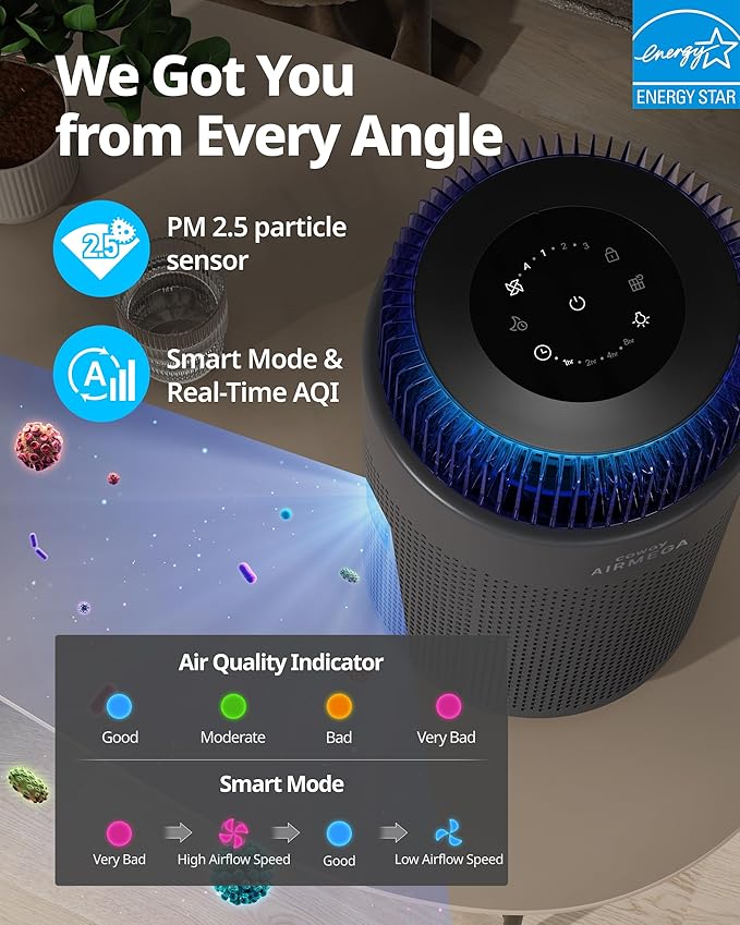 COWAY Air Purifiers for Bedroom Home up to 810 ft², HEPA Filter for Smoke, Allergies, Pet Dander, Odor, AQI Monitor, Auto&Sleep Mode, Timer, Filter Indicator, Night Light, 3yr Warranty, 100 Black