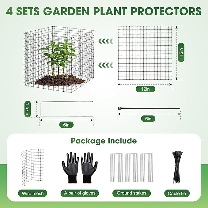 30Pcs Plant Protector from Animals,10 Pack 12'' x 12'' Wire Plant Protectors for Garden, Heavy Duty Plant Cages to Keep Animals Out, Wire Mesh for Plant Protection with Zip Ties & Stakes