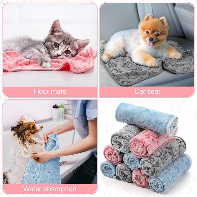 Tegeme 12 Pcs Pet Blankets Soft Fluffy Fleece Dog Cat Warm Paw Print Pattern Blankets Flannel Throw for Pets Dog Puppy Cat(23 x 16 Inch,Multicolor)