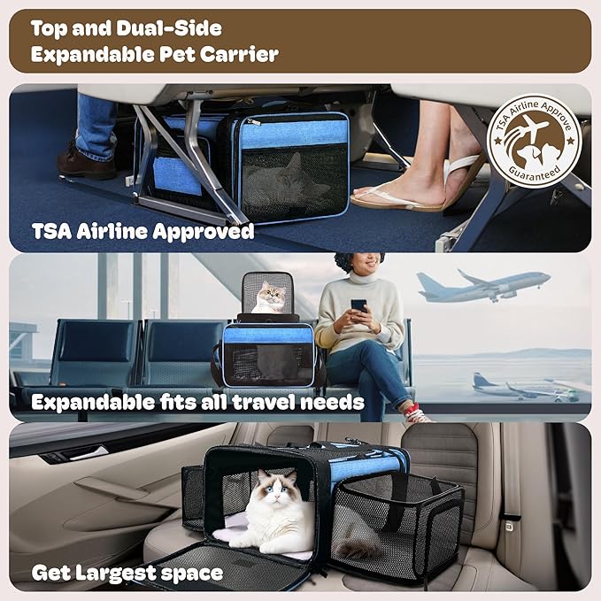 Top and 2 Sides Expandable Cat Carrier 18x13.5x9.5, TSA Airline Approved Dog Carriers for Small Dogs, Soft-Sided Pet Carrier with Self-Locking Zippers for Kitten,Rabbit, Puppy, Guinea Pig Blue