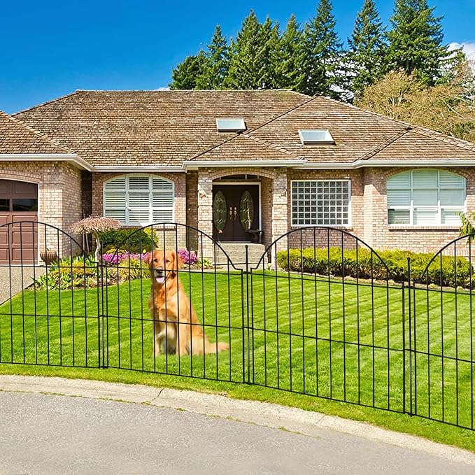 Decorative Metal Garden Fence with Gate Lock 5 Panels, 24in (H) x 10ft (L) No Dig Dog Fence Outdoor for Yard, Temporary Rustproof Metal Wire Rabbit Dog Garden Border Fencing for Patio