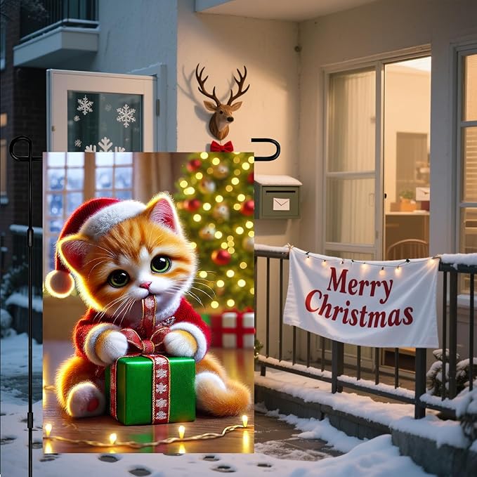 Christmas Garden Flag 12x18 Inch Cute Kitten Gift Flag Double Sided Holiday Cat Banner Outdoor Pet Yard Decoration for Porch Tree Lighting Display