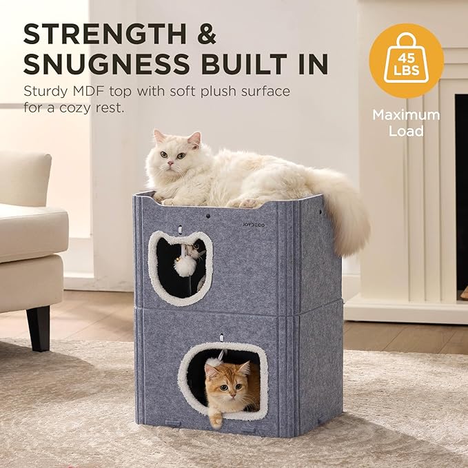 Joydeco Cat House for Indoor Cats, 2 Story Scratch Resistant Felt Cat Condo, Hideaway Pet Cave Bed with Fluffy Ball and Tunnel for Kitten, Small Dogs, Rabbits, 17.7 x 13.3 x 24, Grey