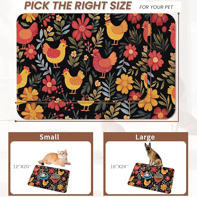 Chicken Rooster Hen Flower Meadow Dog Cat Food Mat,Absorbent Pet Feeding Mat with Rubber Backing,Non-Slip Water Bowl Placemat,Indoor Pet Accessories Supplies 12"x20"