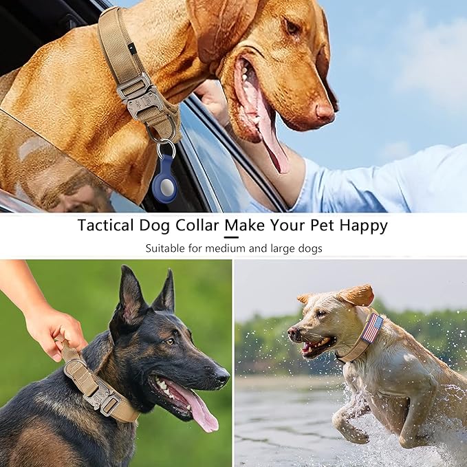 DAGANXI Tactical Dog Collar, Adjustable Military Training Nylon Dog Collar with Control Handle and Heavy Metal Buckle for Medium and Large Dogs, with Patches and Airtags Case (XL, Brown)