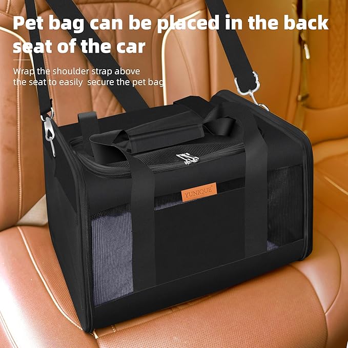 YUNIQUE Soft-Sided Cat & Dog Carrier for Pets Up to 15 Lbs, Airline Approved Collapsible Travel Puppy Carrier with Lightweight Fabric Design (Black)