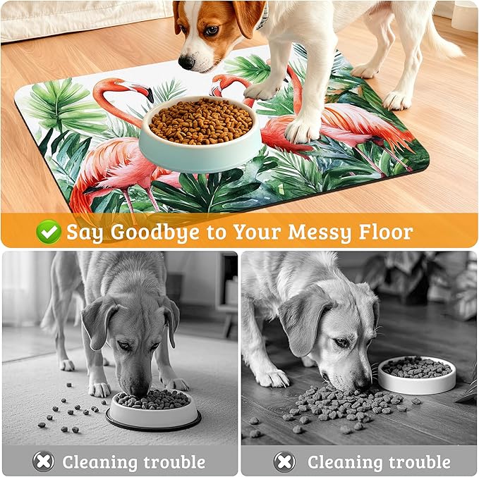 Pink Flamingo Dog Food Mat,Plam Leaves Absorbent Pet Feeding Mat for Food and Water Bowl,Quick Dry Dog Placemat Non Slip Rubber Backing Waterproof Pet Supplies 12" x 20"