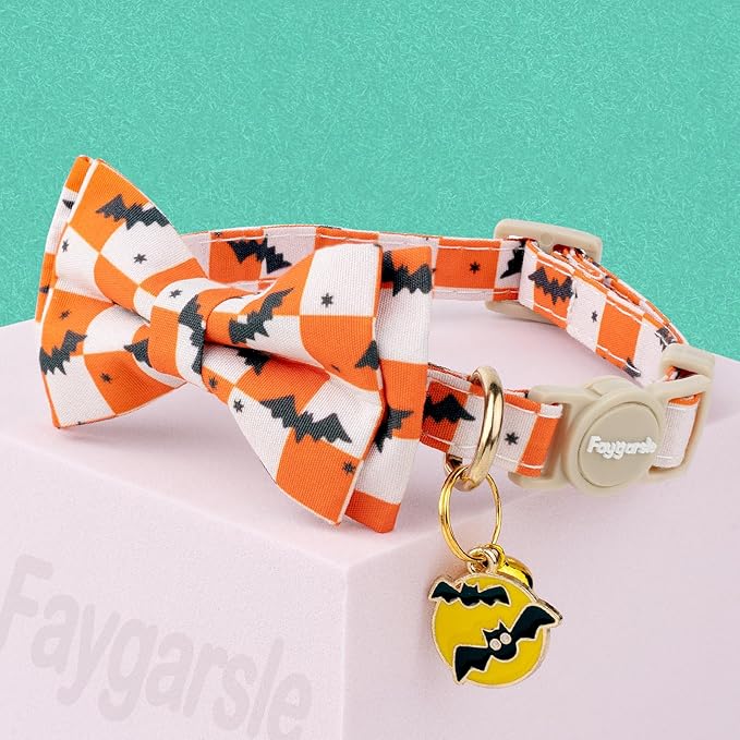 Faygarsle 2 Pack Halloween Cat Collar with Bowtie and Bell, Breakaway Safety Buckle, Ghost Bats Pattern, Orange and Purple