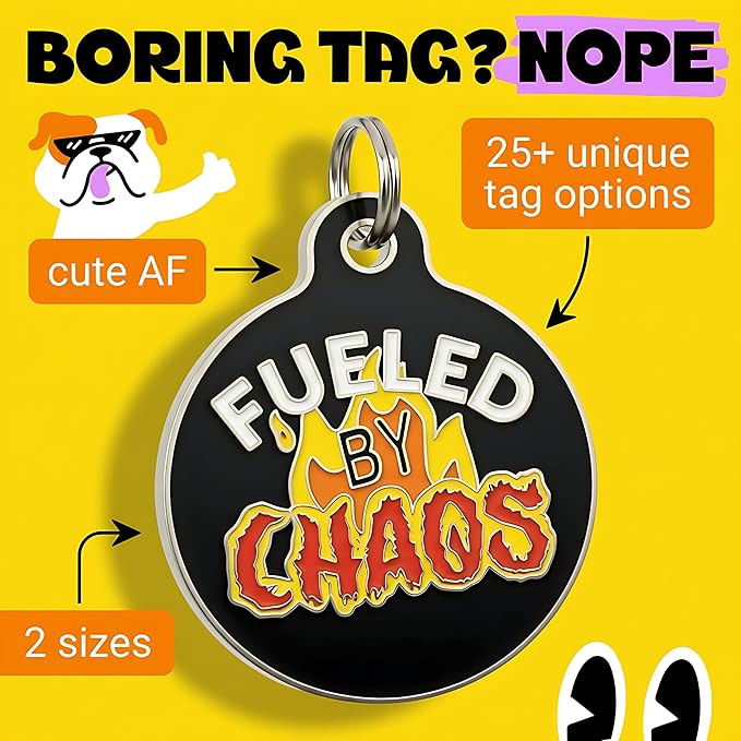 Bad Tags Personalized Dog and Cat ID Tags in 25+ Designs and 2 Sizes - 5 Lines of Custom Engraved Text - Funny Cute Personalized Pet Tags (Fueled by Chaos, Small (1 inch))
