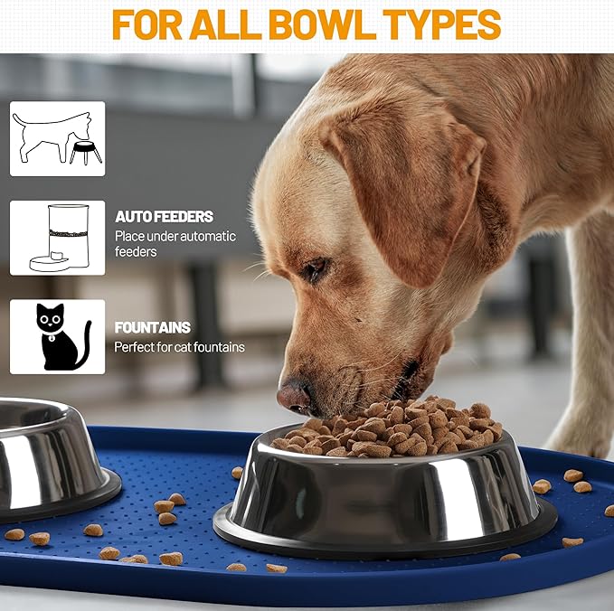 Hubulk 100% Waterproof Silicone Pet Feeding Mat with Raised Edge for Food and Water, Dog Bowl Mats, Cat Bowls Placemat with High Lip Protects Floor for Cats and Dogs (Navy Blue, 24" L x 16" W)