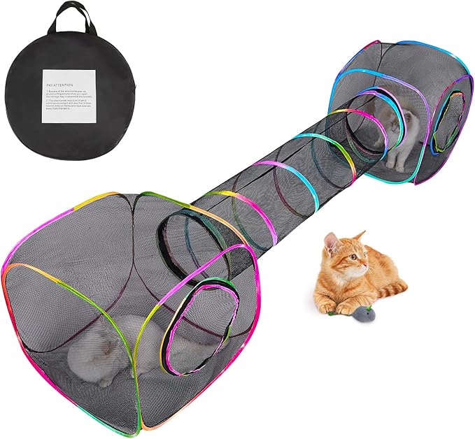Outdoor Cat Enclosures Portable Cats Tunnel with Carry Bag Breathable Kitty Tent Outdoor with 2 Mouse Toys Outside Cat Enclosure for Indoor Cats (2 Cubes + Run Tunnel)