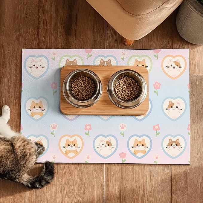 Cat Feedings Mats 20x12 inch Pastel Heart Kitten Print Pet Bowl Placemat Non Slip Mat for Dog Food and Water Indoor Kitty Feeding Station Cute Cats Meal Mat for Small Pets Kitchen Floor Use