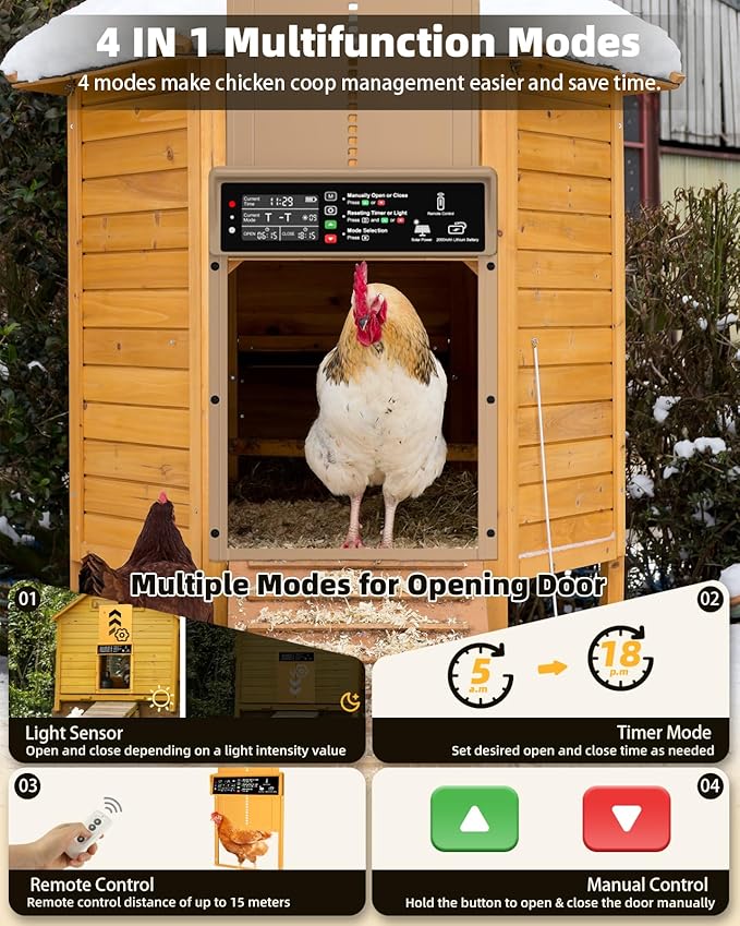 2025 Upgrade 7W Solar Power Chicken Door, Pet Deluxe Automatic Chicken Coop Door with 10PCS Wire Clip, Timer, Light Sensor, LCD Display & Anti-Pinch Durable Aluminum Auto Coop Door with 4 Modes-Brown
