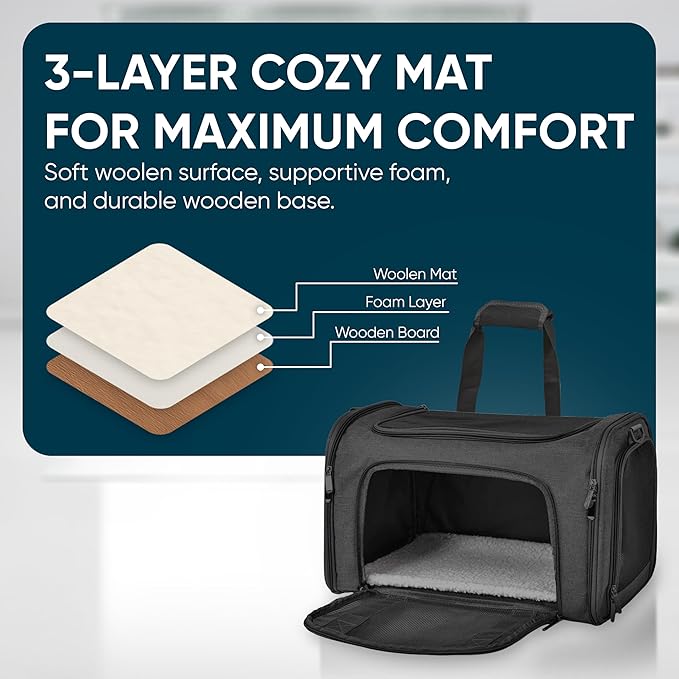 Pet Travel Carrier Bag – Airline Approved Soft-Sided Dog & Cat Carrier, Foldable, Breathable Mesh, Washable Pad – Fits Pets up to 15 lbs – The Pup Quartet (Black)