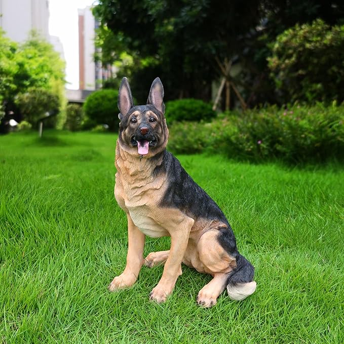 German Shepherd Statue Outdoor Decorations – Dog Statues Outdoor Sitting German Shepherd with Replaceable Solar Light & Welcome Sign for Porch Décor