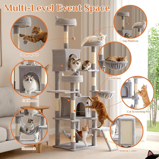 DUMOS Tall Cat Tree 75 Inch, Large Multi-Level Cat Tree Tower with Condo, Perches, Sisal Scratching Posts Board and Hammock, Pet Play House with Dangling Balls for Indoor Cats, Light Grey