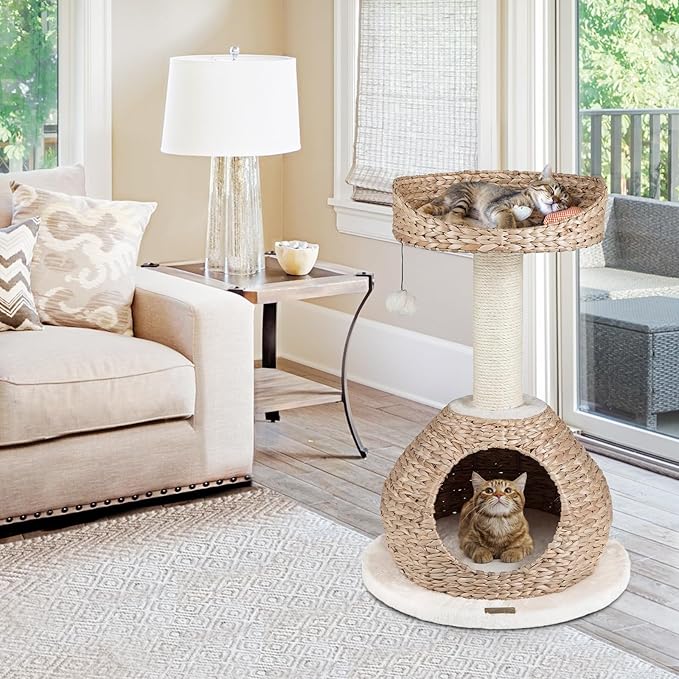PETSITE 28-inch Modern Cat Tree, Small Cute Cat Tower Sisal Scratching Post, Hand-Made Wicker Condo and Top Perch, Interative Dangling Ball, Ideal for Indoor Cats