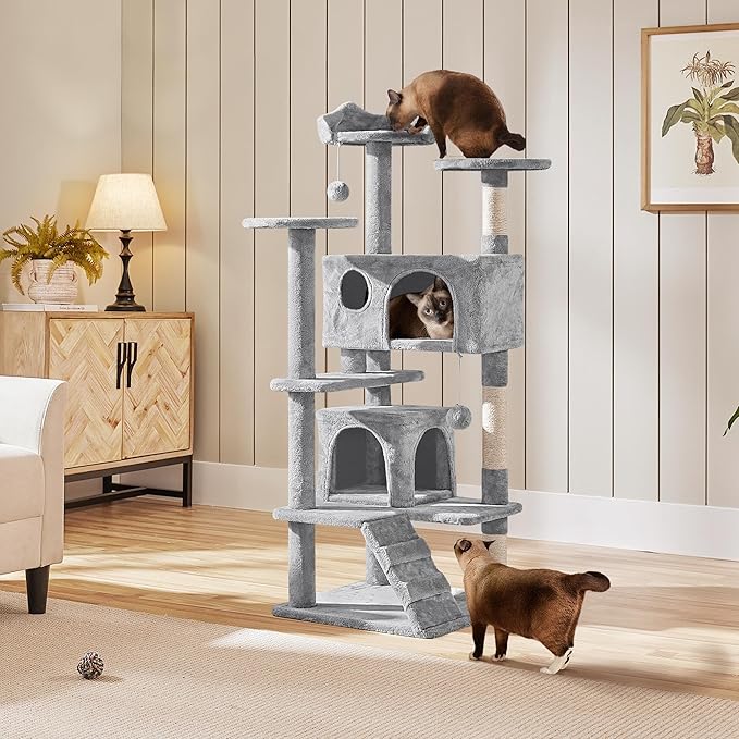 Yaheetech 54in Cat Tree Cat Tower w/Scratching Posts, Double Condos and Dangling Balls Kittens Pet House Play, Light Gray