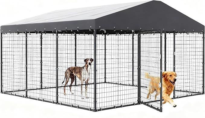 Gotland Dog Kennel Outdoor 10 x10 x6 FT, Dog Cage Outdoor for Medium/Large Dogs with Waterproof Roof Double Secure Locks Ground Spikes, All Weather Heavy Duty Dog Enclosure for Backyard Farm Ranch