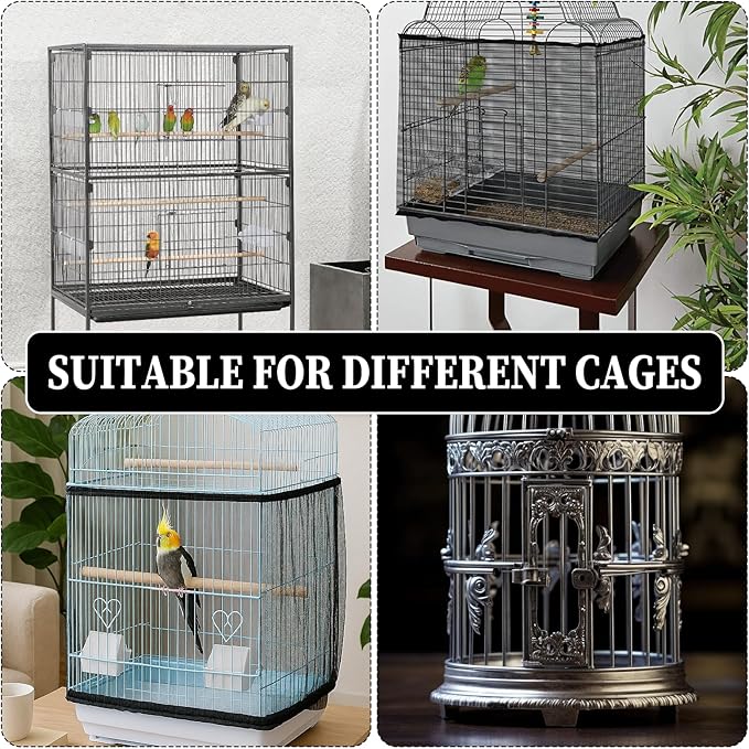 Large Bird Cage Seed Catcher, Stretchy Bird Cage Cover, Soft Nylon Mesh Skirt, Parrot Birdcage Net, Ventilate Dustproof Cover for Parrot Parakeet Macaw African (Black)