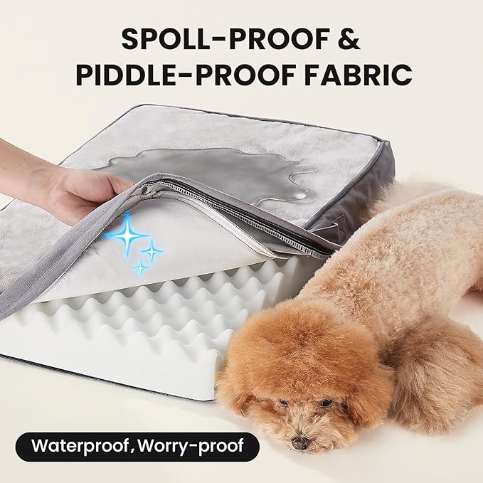 OhGeni Orthopedic Waterproof Dog Bed for Small Dogs, Machine-Washable Removable Cover in Easy-Clean Fabric, High Density Foam & Easy-Carry Handle, Suitable for Crate, 24 inch (Gray)