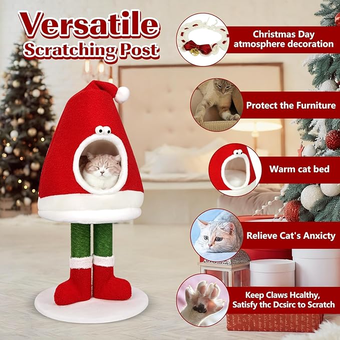 Cat Bed Scratching Post, Comes with A Cat Collar, 30 inch Tall Natural Sisal Rope Cat Tower Toys, Cat Tree Activity Center, Indoor Decor Cat Bed for Kitty and Adult Cats