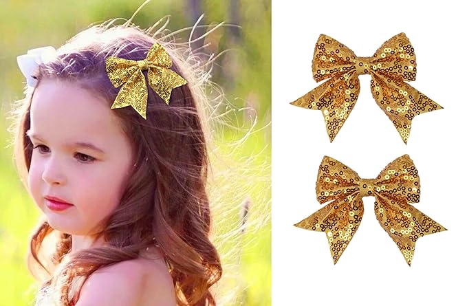3-inch Sequined Bow Hair Clips For Baby Girls, Toddler, Kids and Young Women Birthday Party Wedding Christmas Occasions Pet Accessories Set of 2 (Gold)