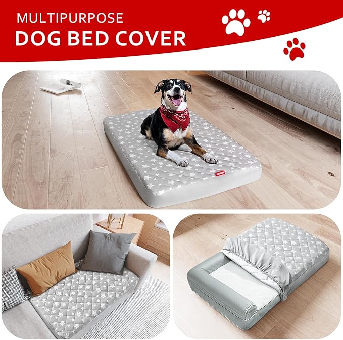 Waterproof Dog Bed Covers Replacement Washable Pet Hair Easy to Remove, Noiseless Quilted Puppy Pet Bed Cover Lovely Grey Star Print 29x41 Inches, for Dog/Cat, Cover Only