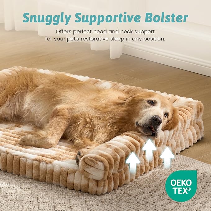 Cute Dog Bed for Large Dogs, Faux Rabbit Fur Orthopedic Foam Dog Bed with Sides, Removable Washable Cover & Waterproof Lining, Comfortable Pet Couch, Tie-Dye Brown (44" L x 32" W x 7" Th)