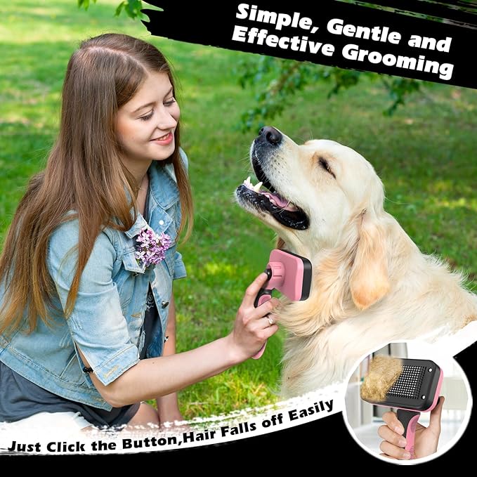 3PCS Self Cleaning Slicker Brush & Pet Grooming Rake & Flea Comb for Dogs,Cats and Horses | Double-Sided Dematting Comb & Skin Friendly Deshedding Grooming Tool | Pet Supplies (Light Pink Black)