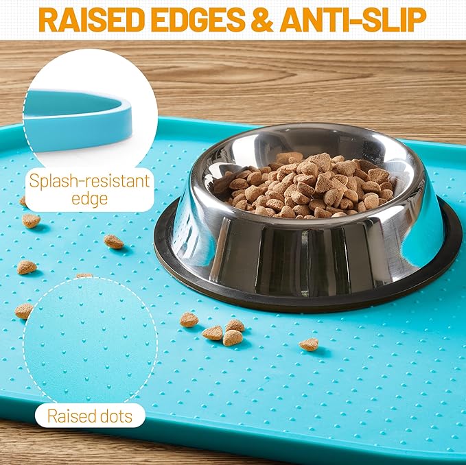 Hubulk 100% Waterproof Silicone Pet Feeding Mat with Raised Edge for Food and Water, Dog Bowl Mats, Cat Bowls Placemat with High Lip Protects Floor for Cats and Dogs(Teal, 19" L x 12" W)