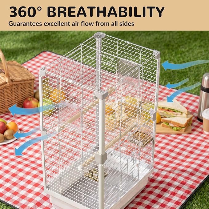 24" Portable Double-Layer Bird Cage, Travel Parrot Carrier with Handle for Vet Visits, Short Trips, White Metal Mesh Cage, for Parakeets, Cockatiels, Lovebirds, Small to Medium Birds
